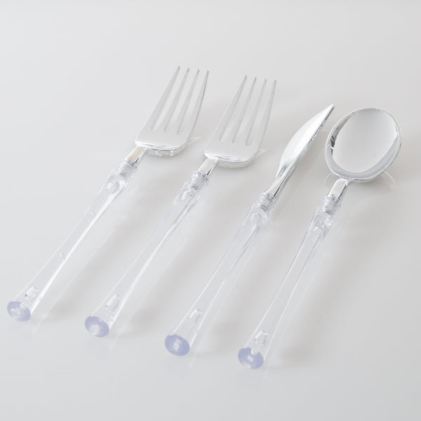 Neo Classic Clear and Silver Plastic Cutlery Set | 32 Pieces