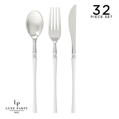 Neo Classic White • Silver Plastic Cutlery Set | 32 Pieces