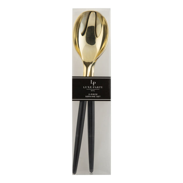 Black /  Gold Plastic Serving Forks • Spoons Set