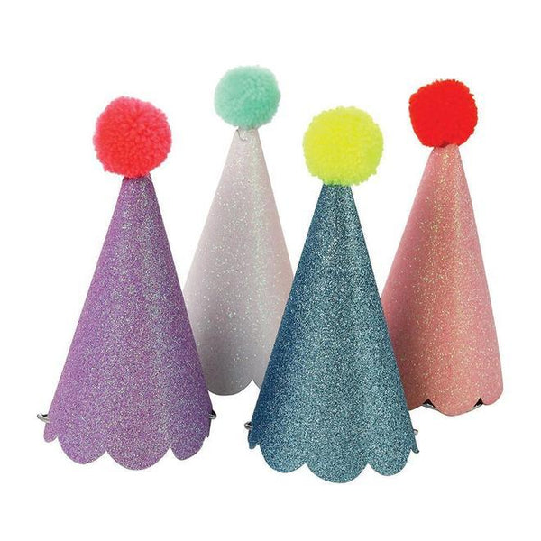 Glitter Pompom Party Hats (x 8)